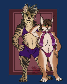anthro areola big_breasts bottomwear breasts brown_body brown_fur brown_hair claws clothing convenient_censorship digitigrade dipstick_ears dipstick_tail dreadlocks duo ear_markings ear_piercing ear_ring feet female fur green_eyes hair hand_behind_head hand_on_hip inner_ear_fluff looking_at_viewer markings multicolored_ears multicolored_tail navel navel_piercing nipple_outline panties piercing red_background ring_piercing scarf shorts simple_background smile spots tail tail_markings tan_body tan_fur toe_claws toeless_(marking) tuft underwear yellow_eyes fuzzikayu vampirika amanra_(fuzzikayu) vazha_(vampirika) caracal caracal_(genus) felid feline hyena mammal spotted_hyena 2021 alpha_channel artist_collaboration digital_media_(artwork) hi_res