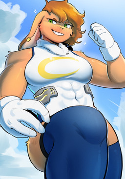 5_fingers abs anthro blue_clothing blue_legwear blue_thigh_highs breasts brown_eyebrows brown_hair circle_eyebrows clothed clothed_anthro clothed_female clothing cloud cosplay day ear_piercing eyebrows female female_anthro fingers fist floppy_ears fur gloves green_eyes hair handwear legwear lop_ears low-angle_view medium_breasts muscular muscular_anthro muscular_female navel_outline outside piercing sky sleeveless_clothing smile solo tan_body tan_fur thick_thighs thigh_highs white_clothing white_gloves white_handwear white_sclera conditional_dnp sonokido my_hero_academia ventura_city_drifters emily_lang rumi_usagiyama lagomorph leporid mammal rabbit 2025 digital_drawing_(artwork) digital_media_(artwork) english_description hi_res portrait three-quarter_portrait