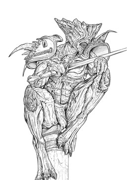 3_toes 4_fingers abs armor athletic athletic_male bottomwear bulge claws clothing column eyeless feet fingers holding_melee_weapon holding_object holding_sword holding_weapon loincloth looking_aside male melee_weapon noseless not_furry open_mouth pauldron pecs sharp_teeth simple_background sitting solo sword teeth toes weapon nicolas_brunet demon humanoid 2019 greyscale hi_res line_art monochrome