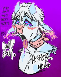 ahegao anthro blue_body blue_fur blush blush_lines bodily_fluids deeper dialogue drooling femboy fur good_boy hair half-closed_eyes horn hypnokink hypnosis hypnotized_eyes looking_pleasured male mind_control narrowed_eyes open_mouth pink_scarf ringed_eyes saliva scarf simple_background solo text tongue tongue_out trance white_hair azazellon smexyargonian123 luke_(azazellon) bovid bovine cattle mammal english_text hi_res