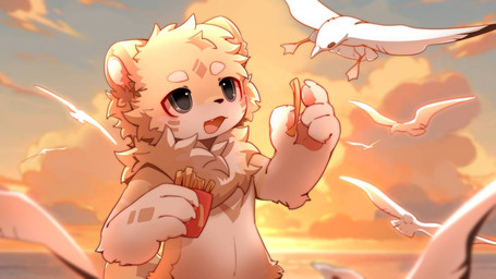 anthro black_eyes feeding_birds food fries fur kemono male nude_anthro nude_male open_mouth pawpads pink_pawpads sky slim_anthro slim_male solo white_body white_fur yellow_body yellow_fur hlg7777 ambient_bird mammal mustelid otter 2024