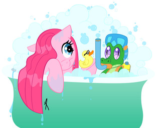 bath blue_eyes duo eyewear female feral fur glasses goggles hair male pink_body pink_fur pink_hair rubber_duck simple_background snorkel water white_background kishmond friendship_is_magic hasbro my_little_pony gummy_(mlp) pinkamena_(mlp) pinkie_pie_(mlp) alligator alligatorid crocodilian earth_pony equid equine horse mammal pony reptile scalie