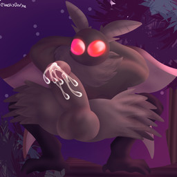 anthro balls bodily_fluids cum detailed_background erection front_view genital_fluids genitals glans humanoid_genitalia humanoid_penis male nude outside penis red_eyes solo vastydorya mothman arthropod insect lepidopteran moth 1:1 absurd_res hi_res