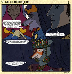 anthro carriage checkpoint clothing dialogue female group guardsmen headdress horn inside looking_at_viewer male narrowed_eyes nobleman noblewoman open_mouth orange_eyes outside reading reading_scroll sitting smile smirk standing teeth text sir_paulus lisabeth_(lord_paulus) pavel_(sir_paulus) canid canine canis fox human mammal rhinoceros wolf english_text hi_res