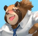 anthro blush bodily_fluids clothing drooling hair heart_eyes heart_symbol male necktie ponytail saliva scar solo suit sweat tongue jmeo1230 lifewonders tokyo_afterschool_summoners gyobu_(tas) canid canine mammal raccoon_dog tanuki 2019