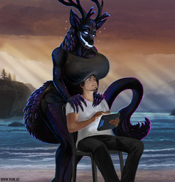 anthro antlers beach big_breasts bioluminescence black_body black_fur boob_hat breasts chair claws clothed clothing detailed_background duo electronics female female_anthro fur furniture glowing glowing_eyes glowing_teeth hands_on_shoulders horn light light_beam looking_down male male/female plant pointy_ears sharp_teeth sitting smile smiling_at_another smiling_at_partner smiling_at_viewer solo sparkles stubble sunbeam sunlight tablet_computer tail teeth thick_thighs tree wave vitaly_s_alexius american_mythology indigenous_north_american_mythology mythology north_american_mythology ashcroft_"ash"_julian_clifford starshade cryptid human mammal omnid wendigo colored digital_media_(artwork) hi_res