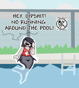 bottomless clothed clothing detailed_background dialogue lifeguard poolside sharp_teeth split_form swimming_pool teeth text dimsun aquatic humanoid_merfolk merfolk shark_merfolk english_text hi_res