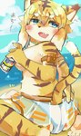 alcohol anthro beach beverage bikini bikini_bottom blush breasts butt clothed clothing female fur looking_back open_mouth outside partially_clothed seaside solo stripes swimwear tongue two-piece_swimsuit yellow_body yellow_fur ronchainu cygames world_flipper mia_(world_flipper) felid mammal pantherine absurd_res hi_res