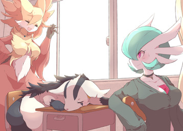 ^_^ anthro anthrofied blush chair choker classroom desk eyes_closed fangs female furniture group hand_on_hip jewelry necklace open_mouth pink_eyes school sleeping smile table teeth window oppai_751 nintendo pokemon canid canine delphox gardevoir generation_3_pokemon generation_6_pokemon mammal mightyena pokemon_(species)