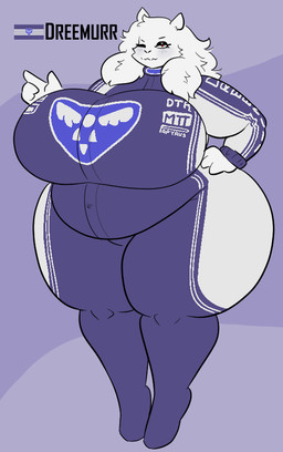 anthro belly big_breasts biped blush breasts clothed clothing curvy_figure eyeshadow female fluffy fur hair horn huge_breasts huge_hips huge_thighs looking_at_viewer makeup mature_anthro mature_female overweight overweight_anthro overweight_female racing_suit red_eyes simple_background smile solo text thick_thighs voluptuous white_body white_fur wide_hips mexifurfoof undertale undertale_(series) toriel boss_monster_(undertale) bovid caprine goat mammal digital_drawing_(artwork) digital_media_(artwork) hi_res