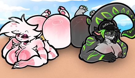 2_toes 4_arms 4_fingers 4_toes 5_fingers :3 anthro baseball_cap beach bedroom_eyes big_breasts big_butt bikini bikini_bottom breast_size_difference breasts butt claws clothing collar duo feet fingers hair hat headgear headwear heart_symbol heterochromia highlights_(coloring) huge_breasts huge_butt long_hair looking_at_viewer male multi_arm multi_limb narrowed_eyes sea seductive sharp_teeth smile smiling_at_viewer swimwear teeth toe_claws toes two-piece_swimsuit water greenfuzzyboii hazbin_hotel hellaverse angel_dust leon_ken_(furry_studios) animal_humanoid aquatic arachnid arachnid_humanoid arthropod arthropod_humanoid fish humanoid shark spider_humanoid busty_boy_(lore)