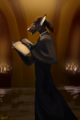 ambiguous_gender anthro book church clothed clothing fangs fur hair open_mouth solo standing teeth plgdd canid canine mammal 2:3 hi_res