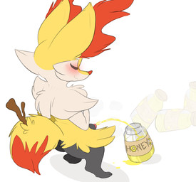 animal_genitalia anthro blush bodily_fluids container eyes_closed fur genital_fluids genitals hair jar male male_peeing nude peeing peeing_into_container penis penis_tip sheath simple_background smile solo standing text urine urine_stream watersports backsash nintendo pokemon braixen canid canine generation_6_pokemon mammal pokemon_(species) 2017 absurd_res digital_media_(artwork) english_text hi_res