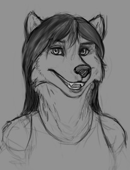 anthro cheek_tuft facial_tuft fangs female front_view glistening glistening_eyes looking_at_viewer open_mouth open_smile smile solo teeth tuft unsigned acidic canid mammal bust_portrait greyscale monochrome portrait