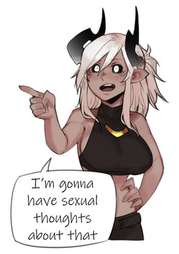 black_sclera breasts clothing eyebrows female fingers gesture hair hand_gesture horn not_furry open_mouth pointing simple_background solo speech_bubble teeth text topwear white_background white_eyes less_(artist) i'm_gonna_have_sexual_thoughts_about_that demon demon_humanoid horned_humanoid humanoid 2021 absurd_res english_text hi_res meme