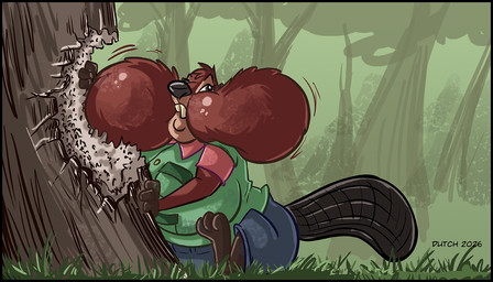 anthro black_border black_nose blue_bottomwear blue_clothing blue_shorts border bottomwear brown_body brown_eyes brown_fur buckteeth chubby_cheeks clothed clothed_anthro clothed_female clothing collar_shirt collared_shirt eating female forest fully_clothed fully_clothed_anthro fully_clothed_female fur green_clothing green_dress_shirt green_shirt green_topwear pink_clothing pink_shirt pink_topwear plant shirt shorts solo teeth topwear tree tree_bark white_sclera dutch_(artist) disney zootopia nibbles_maplestick beaver mammal rodent 2026 7:4 digital_media_(artwork)