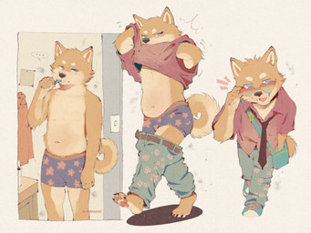 5_fingers accessory anthro belly belt bottomwear brush brushing brushing_teeth clothed clothing eyebrows eyewear fingers footwear fur glasses male motion_lines multicolored_body multicolored_fur navel necktie open_mouth pants pawpads putting_on_clothes shirt shoes simple_background slightly_chubby standing text topwear underwear underwear_only wearing_glasses cruepocket canid canine canis domestic_dog mammal shiba_inu spitz artist_name hi_res