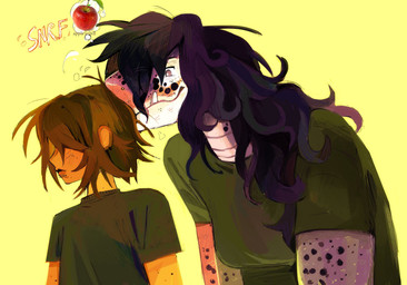 ambiguous_gender ambiguous_human anthro apple clothed clothed_anthro clothing duo female food freckles fruit hair hair_over_eyes leaning leaning_forward long_hair obscured_eyes plant shirt simple_background smelling_hair snout thought_bubble topwear yellow_background hoofpeet deltarune undertale_(series) kris_dreemurr susie_(deltarune) human mammal reptile scalie 2025 digital_media_(artwork) digital_painting_(artwork) hi_res painting_(artwork)