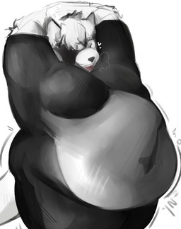 anthro arms_above_head belly big_belly black_nose bodysuit bouncing_belly breath clothing fur hair heart_symbol male obese obese_male overweight overweight_male rumbling_stomach simple_background skinsuit solo tight_clothing white_background white_body white_fur white_hair butterontoast mihoyo zenless_zone_zero von_lycaon canid canine canis mammal wolf 2025 digital_media_(artwork) digital_painting_(artwork) painting_(artwork) portrait three-quarter_portrait