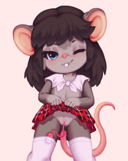 anthro black_hair blue_eyes blush bottomwear buckteeth clitoris clothed clothing female flat_chested fur genitals grey_body grey_fur hair legwear loli looking_at_viewer masturbation midriff multicolored_body multicolored_fur navel no_underwear one_eye_closed penetration raised_bottomwear raised_clothing raised_skirt sex_toy sex_toy_in_vagina sex_toy_insertion skirt solo stockings tail tail_under_skirt teeth two_tone_body two_tone_fur vaginal vaginal_masturbation vaginal_penetration vibrator vibrator_controller vibrator_in_vagina vulva wink young young_anthro young_female tedd77 mammal mouse murid murine rodent 2022
