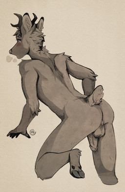 anthro antlers backsack balls blush breath butt flaccid fur genitals hooves horn humanoid_genitalia humanoid_penis looking_back male nude panting penis pose rear_view short_tail simple_background solo tail underhoof vein veiny_penis duskiglow deer mammal 2021 absurd_res hi_res monochrome pinup signature