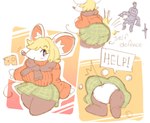 alternate_species anthro big_breasts big_butt big_ears blonde_hair blue_eyes blush blush_lines bottomwear breasts brown_nose butt clothed clothing dialogue eyelashes featureless_feet feet female front_view fur green_bottomwear green_clothing green_skirt hair inner_ear_fluff looking_at_viewer orange_clothing orange_sweater orange_topwear panties rear_view rectangular_speech_bubble skirt smile solo speech_bubble sweater text thick_thighs topwear tuft underwear upskirt white_body white_clothing white_fur white_panties white_underwear wide_hips zombieskick ashley_graham_(resident_evil) moushley mammal mouse murid murine rodent hi_res