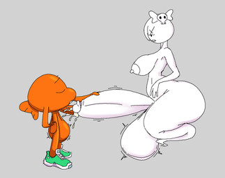 anthro areola balls balls_expansion big_balls big_penis bodily_fluids breasts clenched_teeth clothing cum cum_in_penis cum_inside duo ejaculation expansion footwear genital_expansion genital_fluids genitals ghost_tail green_clothing green_footwear green_shoes grey_background gynomorph gynomorph/male hair hair_over_eye huge_balls huge_penis hyper hyper_balls hyper_genitalia hyper_penis intersex intersex/male male nipples orange_body orange_scales orange_skin penetration penile penile_penetration penis penis_in_penis scales shoes short_hair simple_background teeth urethral urethral_penetration vein veiny_penis white_body white_hair white_skin young vr457 cartoon_network the_amazing_world_of_gumball carrie_krueger darwin_watterson aquatic fish ghost spirit