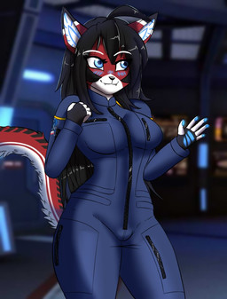 antenna_hair anthro black_hair black_markings black_nose blue_eyes blue_jumpsuit blush blush_lines breasts clothing curvy_figure cybernetics detailed_background dipstick_ears ear_markings eyelashes fangs female fingerpads fingers fur hair happy hourglass_figure jumpsuit long_hair looking_aside looking_away machine markings multicolored_body multicolored_ears multicolored_fur pawpads pointy_ears prick_ears red_body red_fur science_fiction_background small_waist smile solo tail tail_markings teeth white_body white_fur white_sclera zipper unknown_artist android cyborg felid feline mammal robot