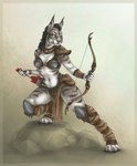 4_toes anthro arrow_(weapon) bow_(weapon) breasts cleavage clothed clothing ear_piercing ear_ring feet female midriff piercing pose ranged_weapon ring_piercing solo toes tribal weapon s00t mira_(spectronic) felid feline lynx mammal hi_res