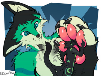 anthro black_body black_fur claws duo feet foot_fetish foot_sniffing fur green_body green_fur looking_pleasured macro male male/male micro micro_on_macro pawpads paws pink_pawpads size_difference sniffing tail tail_motion tailwag sonin sonin_(character) zinnknorvier canid canine domestic_cat felid feline feline_demon felis fennec_fox fox mammal true_fox 4:3 absurd_res hi_res