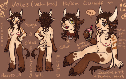 alternative_fashion andromorph anthro arm_tattoo asymmetrical_coloring beverage bovine_ears brown_background brown_body brown_fur brown_hair brown_tail bubble_tea butt chest_scar clawed_hands claws collar dorsal_ridge ear_piercing eyeshadow facial_piercing fangs fluffy_ears fluffy_feet fluffy_legs fur goth green_eyes hair holding_beverage holding_object hooves horn intersex long_hair long_tail makeup markings mastectomy_scar messy_hair moo multicolored_body multicolored_fur multiple_poses navel nipples nose_piercing nude nude_female piercing pose pubes scar sharp_teeth shoulder_blades simple_background sitting sitting_on_ground smile solo speech_bubble spots spotted_body spotted_fur standing tail tan_body tan_fur tan_tail tattoo teeth text batpupbourbon veles_(batpupbourbon) bovid bovine canid canine canis cattle hybrid mammal wolf 16:10 2025 digital_media_(artwork) english_text hi_res model_sheet widescreen trans_(lore) trans_man_(lore)