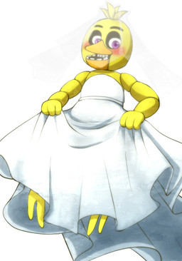 ambiguous_gender anthro beak blush clothing clothing_grab dress grabbing head_tuft looking_down machine open_mouth open_smile purple_eyes smile solo tuft wedding_dress wedding_veil yellow_body ill825_(artist) five_nights_at_freddy's scottgames chica_(fnaf) animatronic avian bird chicken galliform phasianid robot 2015