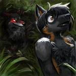 1:1 ambiguous_gender anthro aronai canid canine canis chest_tuft detailed_background duo feral forest fox fur glowing glowing_eyes hair male mammal plant red_eyes tree tuft velociawesome wolf
