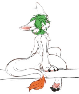 anthro big_hands claws eyes_closed female fur green_hair hair kemono nude rear_view simple_background sitting solo tail tail_tuft thick_thighs tuft white_background white_body white_fur ingi mythology yukari_(character) dragon furred_dragon furred_scalie mythological_creature mythological_scalie scalie 2020