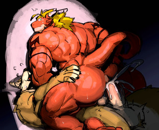 anal anal_penetration anthro blonde_hair bodily_fluids butt butt_grab caught_in_the_act cowgirl_position cum cum_in_ass cum_inside cum_splash cum_splatter duo erection from_front_position genital_fluids genitals hair hand_on_butt humanoid_genitalia humanoid_penis lying male mouth_closed muscular muscular_male nervous nude on_back on_bottom on_top penetration penile penile_penetration penis penis_in_ass rear_view red_body sex spotlight sweat epfrkwhgdk mythology delga canid canine canis dragon mammal mythological_creature mythological_scalie scalie wolf hi_res