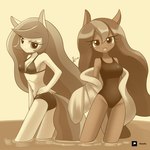 anthro bikini breasts clothing duo eyelashes female hair long_hair looking_at_viewer medium_breasts one-piece_swimsuit open_mouth partially_submerged standing_in_water swimwear two-piece_swimsuit howxu friendship_is_magic hasbro my_little_pony princess_celestia_(mlp) princess_luna_(mlp) equid equine mammal 1:1 2021 2023 monochrome sibling_(lore) sister_(lore) sisters_(lore)