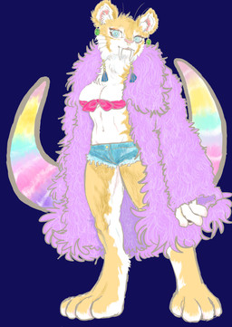 anthro blue_eyes bottomwear breasts cleavage clothed clothing denim denim_clothing ear_piercing fangs female fur looking_at_viewer piercing sabertooth_(anatomy) shorts simple_background solo teeth topwear wings kyokyota extinct felid feline mammal prehistoric_species saber-toothed_tiger 2019 absurd_res digital_media_(artwork) hi_res