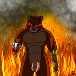 1:1 absurd_res amputee angry anthro balls bandage bandaged_arm bear blood bodily_fluids disability experiment_(disambiguation) fire genitals hi_res male mammal nude penis prosthetic red_eyes scar sergld solo teeth