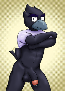 anthro feathers genitals male male/male penis simple_background slim solo amon_wolf brawl_stars supercell_(company) crow_(brawl_stars) supercell avian bird corvid corvus_(genus) crow oscine passerine hi_res