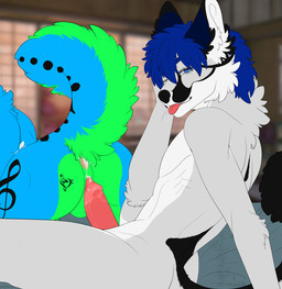 after_sex animal_genitalia anthro anus backsack balls blue_body bodily_fluids butt cum cum_in_ass cum_inside duo genital_fluids genitals green_body grey_body knot looking_at_viewer male male/male musical_note musical_symbol nude penis presenting presenting_anus raised_tail smile symbol tail tongue callenh jayjay_idingo canid canine canis dingo fox island_fox mammal urocyon hi_res