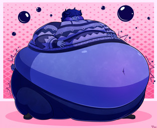 ambiguous_gender anthro belly belly_expansion belly_inflation big_belly blue_body blue_fur blue_hair blueberry_inflation blush body_inflation bubble clenched_teeth clothed clothing expansion floppy_ears folded_ears fur hair hair_over_eyes hand_on_belly huge_belly hyper hyper_belly inflation logo motion_lines navel outgrowing_clothes solo spherical_inflation standing sweater swollen_cheeks teeth text topwear frootz canid canine mammal 2025 artist_logo artist_name hi_res