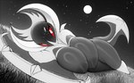 anthro areola big_breasts biped breasts eyelashes female huge_breasts lying nipples nude on_side pupils solo thousandfoldfeathers nintendo pokemon generation_7_pokemon legendary_pokemon lunala pokemon_(species) 2022 digital_media_(artwork) monochrome