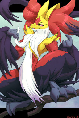 abs anthro beard beckoning biped black_body branch claws crouching digitigrade elderly_anthro elderly_male facial_hair front_view gesture inner_ear_fluff looking_at_viewer male multicolored_body nude open_mouth pupils red_body red_eyes red_nose slit_pupils solo teeth toe_claws tongue tuft white_beard white_body white_facial_hair yellow_body arskie198 nintendo pokemon pokemon_legends_z-a generation_9_pokemon mega_delphox mega_evolution pokemon_(species) 2025 hi_res