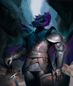 anthro armor breastplate cave clothed clothing curved_horn fully_clothed gauntlets gloves handwear holding_melee_weapon holding_object holding_sword holding_weapon horn light male melee_weapon membrane_(anatomy) membranous_wings pauldron purple_eyes purple_horn purple_wings shadow shield solo spread_wings standing sword weapon wings bonifasko mythology dragon mythological_creature mythological_scalie scalie 2018 digital_media_(artwork) hi_res lighting