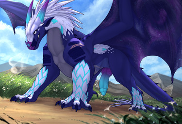 animal_genitalia big_penis blue_body blue_genital_slit blue_penis blue_scales bodily_fluids claws digitigrade dripping ears_back erection feet feral finger_claws genital_fluids genital_slit genitals horn knot knotted_penis looking_at_another male male_feral membrane_(anatomy) membranous_wings multicolored_body multicolored_scales paws penis pivoted_ears plating precum precum_drip presenting purple_body purple_knot purple_penis quadruped ridged_knotted_penis scales scar seductive smile smirk smooth_horn snort solo spiked_tail spikes spikes_(anatomy) star_pattern tail talons toe_claws toes underbelly white_body white_eyes white_scales wings conditional_dnp zenrii mythology wings_of_fire galaxy_(dragon) dragon hybrid icewing_(wof) mythological_creature mythological_scalie nightwing_(wof) scalie absurd_res hi_res