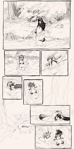 7_panel_comic anthro belly bikini biped breasts cleavage clothed clothing cooler curled_horn discarded_clothing duo emanata eyewear female floating floating_on_water glasses grass hair horn inflatable kick lake leaf long_hair looking_up navel open_clothing open_shirt open_topwear outside partially_submerged plant rectangular_glasses river shirt slightly_chubby solo swimming swimwear topwear tree two-piece_swimsuit water water_ripple wet wet_clothing chimeracauldron bovid caprine goat lagomorph leporid mammal rabbit absurd_res comic digital_drawing_(artwork) digital_media_(artwork) hi_res monochrome multiple_images trans_(lore) trans_woman_(lore)