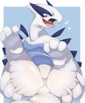 absurd_res bodily_fluids butt featureless_crotch feral generation_2_pokemon hi_res legendary_pokemon lugia lying male mame02550912 nintendo null on_back pokemon pokemon_(species) presenting presenting_hindquarters saliva smile solo spread_butt spreading tongue tongue_out white_body