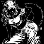 anthro baseball_cap breasts cleavage clothed clothing crop_top drawstring drawstring_bottomwear female hand_on_hip hat headgear headwear midriff off_shoulder shirt solo topwear ezeeshady canid canine canis mammal wolf 2025 black_and_white digital_media_(artwork) monochrome pixel_(artwork)