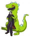 clown crossover_ship duo green_body green_skin hug male muscular nightmare_fuel red_eyes simple_background smile tail what white_background zinou batman_(series) dc_comics nickelodeon rugrats reptar the_joker dinosaur human kaiju mammal prehistoric_species reptile scalie crack_ship crossover