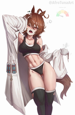 abs ahoge athletic athletic_female athletic_humanoid big_breasts black_bra black_clothing black_legwear black_panties black_sports_bra black_thigh_highs black_underwear bra breasts brown_ears brown_hair brown_tail cleavage clothed clothing coat deltoids eyelashes female female_humanoid front_view hair lab_coat laboratory_equipment laboratory_glassware leaning leaning_sideways legwear long_hair midriff multicolored_bra multicolored_clothing multicolored_legwear multicolored_panties multicolored_sports_bra multicolored_thigh_highs multicolored_underwear navel one_eye_closed open_mouth orange_eyes panties pink_tongue pupils scientific_instrument simple_background solo sports_bra tail teeth test_tube text thigh_highs tired tongue topwear two_tone_bra two_tone_clothing two_tone_legwear two_tone_panties two_tone_sports_bra two_tone_thigh_highs two_tone_underwear underwear white_bra white_clothing white_lab_coat white_legwear white_panties white_sports_bra white_thigh_highs white_underwear yawn zipper afrotunaart cygames uma_musume_pretty_derby agnes_tachyon_(pretty_derby) animal_humanoid equid equid_humanoid equine equine_humanoid horse_humanoid humanoid mammal mammal_humanoid 2026 absurd_res artist_name hi_res